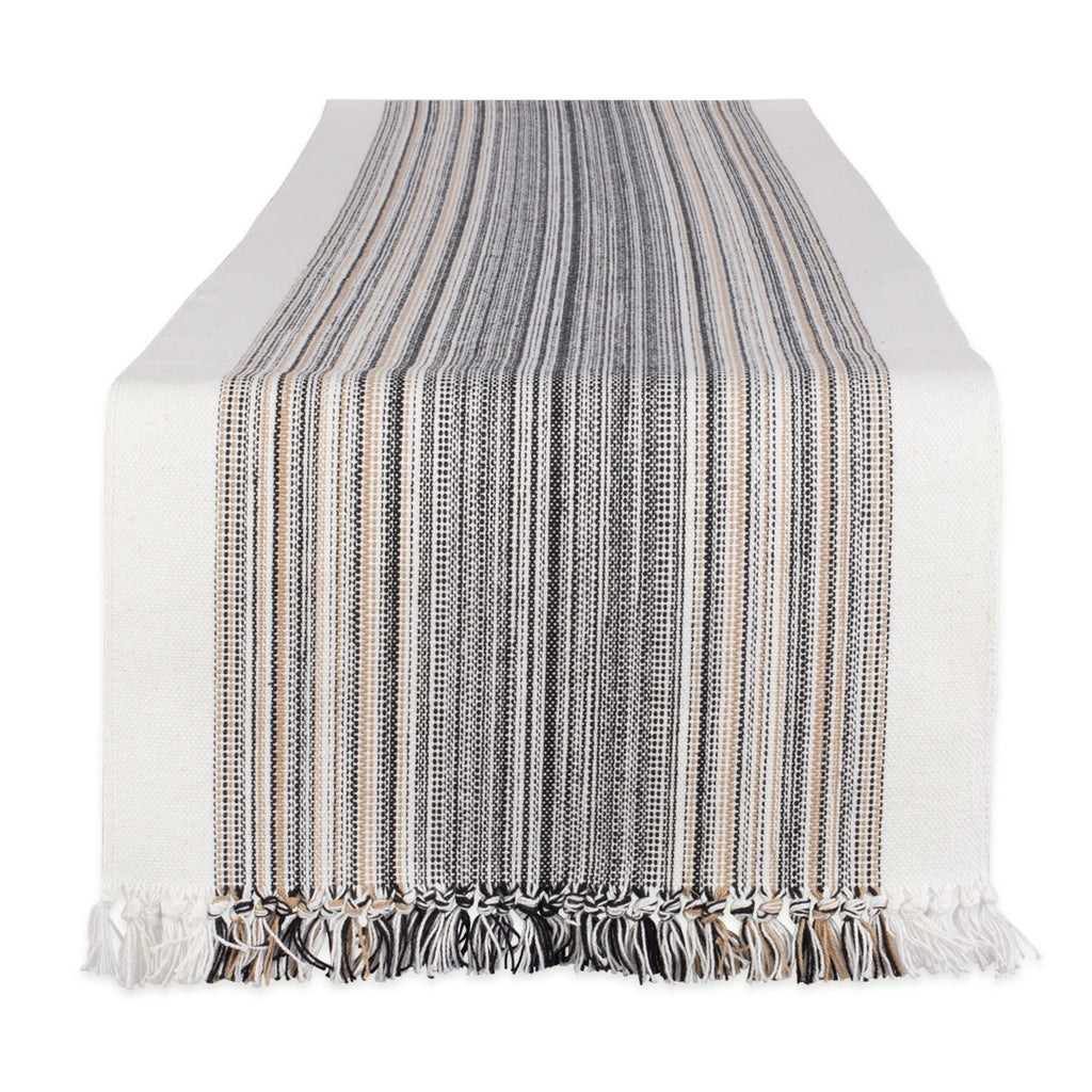 Black Striped Fringe Ribbed Table Runner 14X108