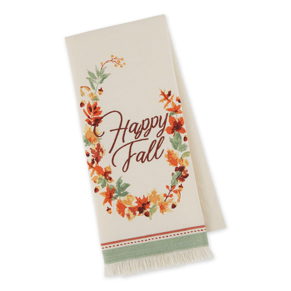 Happy Fall Wreath Embellished Dishtowel