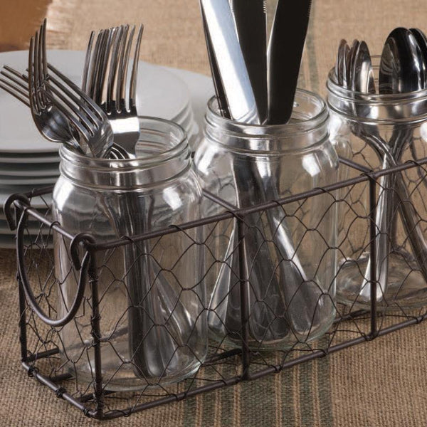 Rustic Chicken Wire Flatware Caddy with Clear Jars- Rustic Finish - DII Design Imports